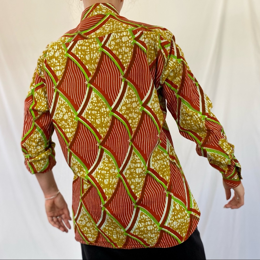 Vintage Wax Block Print Button Up Long Sleeve Blo… - image 4